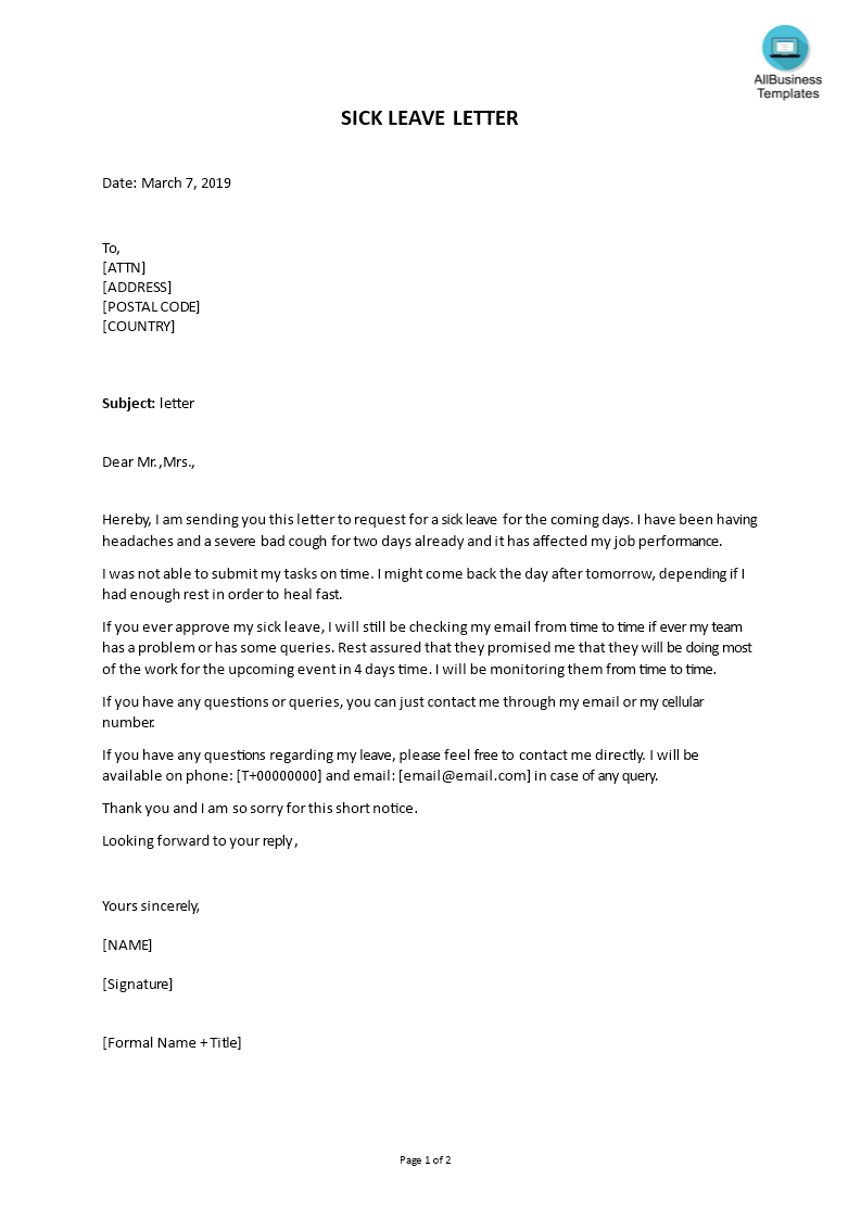 Sick Leave Letter Template Templates At Allbusinesstemplates