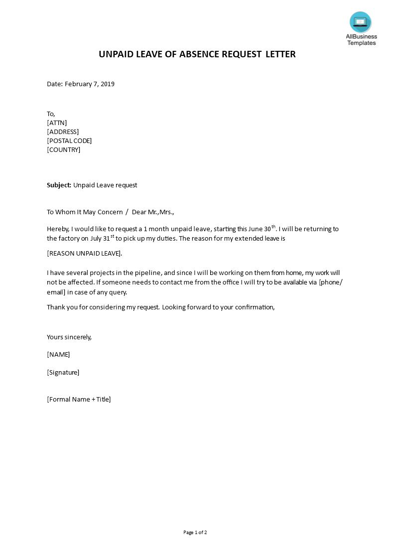 Personal Leave Of Absence Letter Template Collection Letter Template