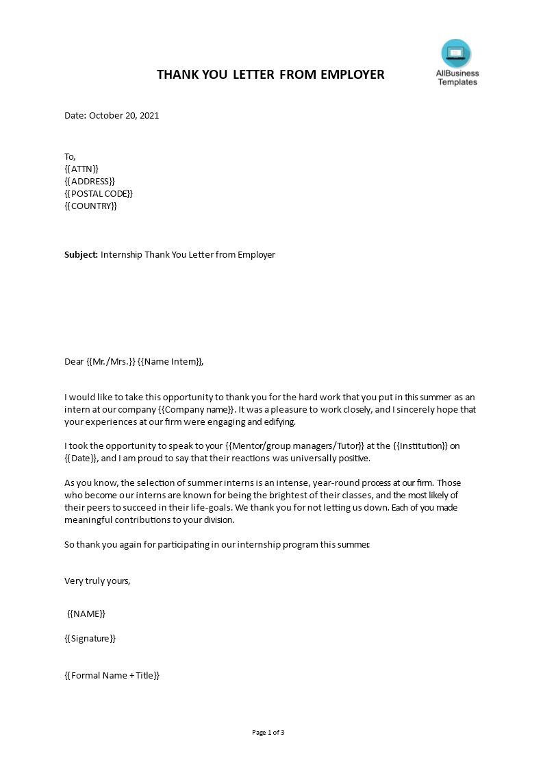 Gratis Sample Internship Thank You Letter From Employer