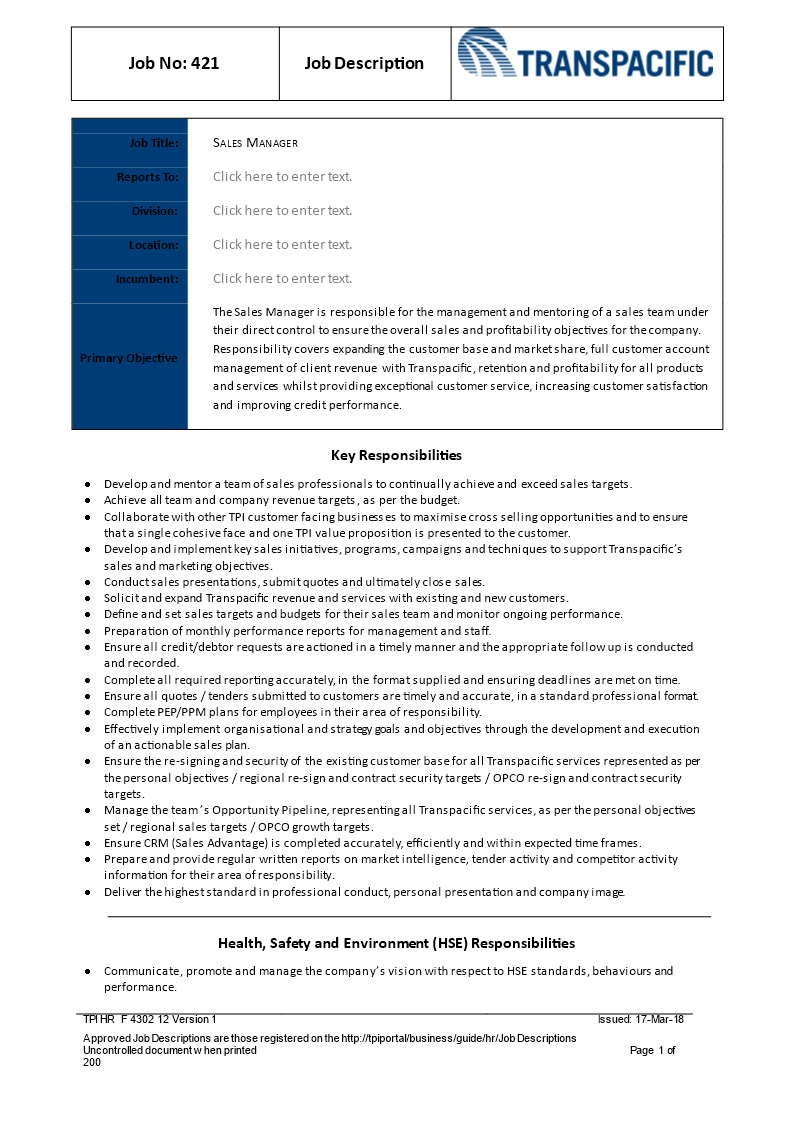 Sales Manager Job Description Templates At Allbusinesstemplates