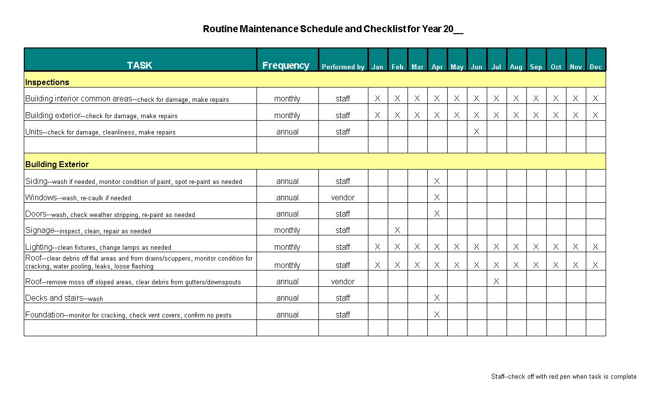 Routine Maintenance Schedule Checklist Templates At 