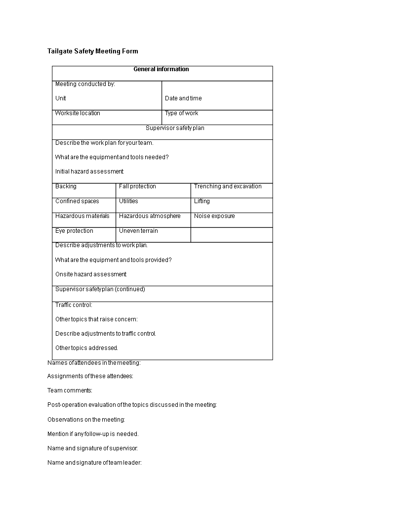 Tailgate Safety Meeting Form Templates At Allbusinesstemplates