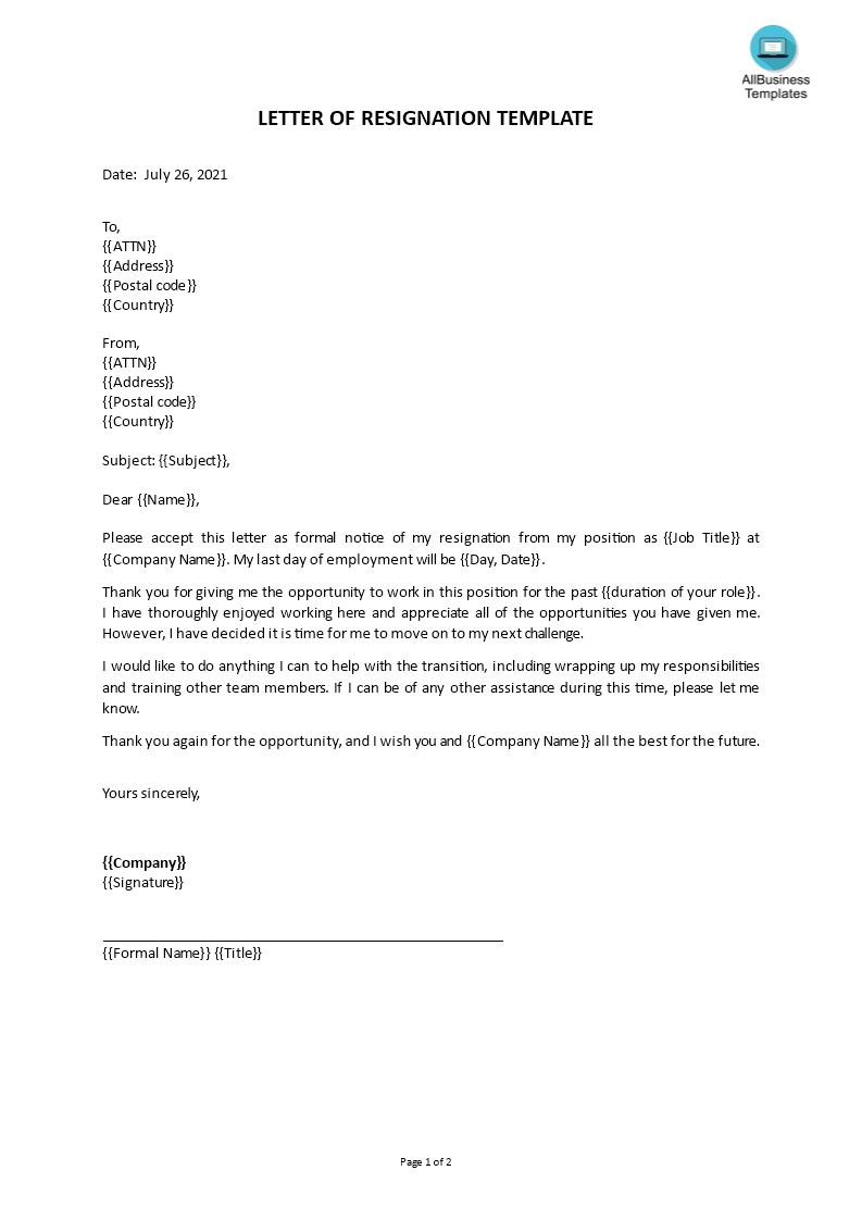 simple short resignation letter template