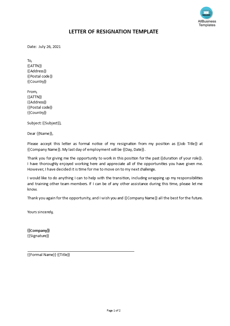 Simple Short Resignation Letter Templates At Allbusinesstemplates