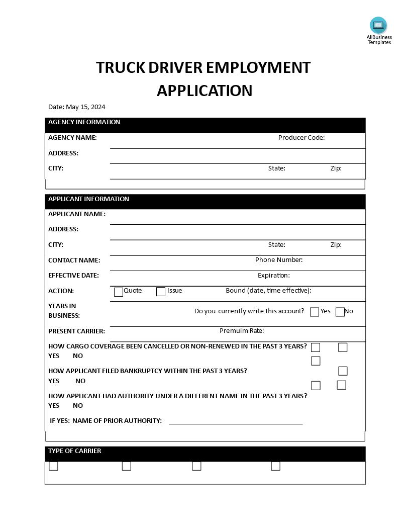 truck driver employment application sample plantilla imagen principal
