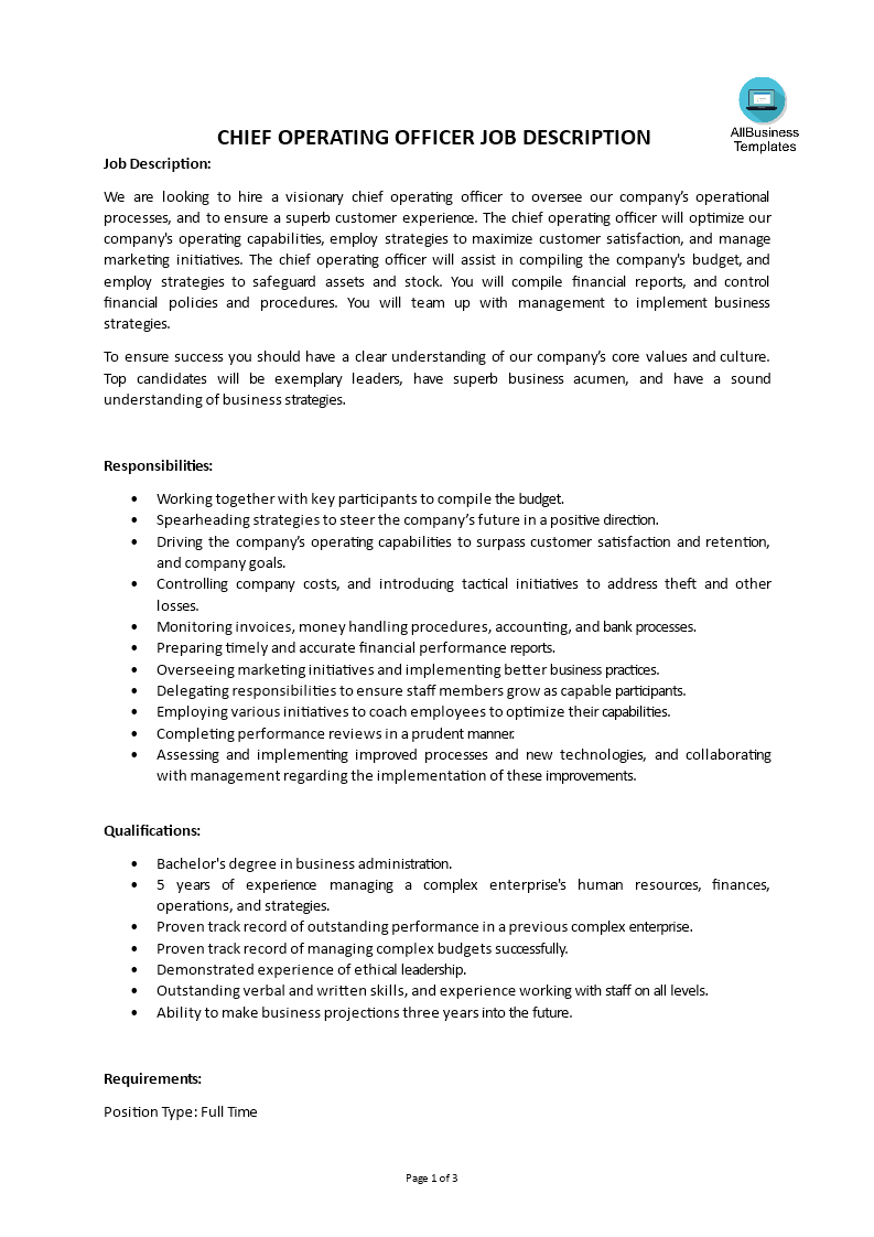 Gratis Chief Operating Officer Job Description