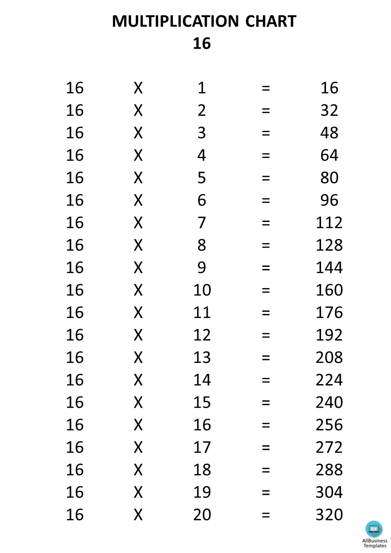 multiplication chart x16 voorbeeld afbeelding 