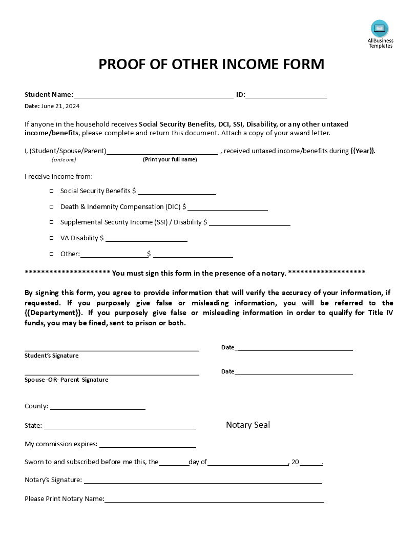 proof of other income form modèles