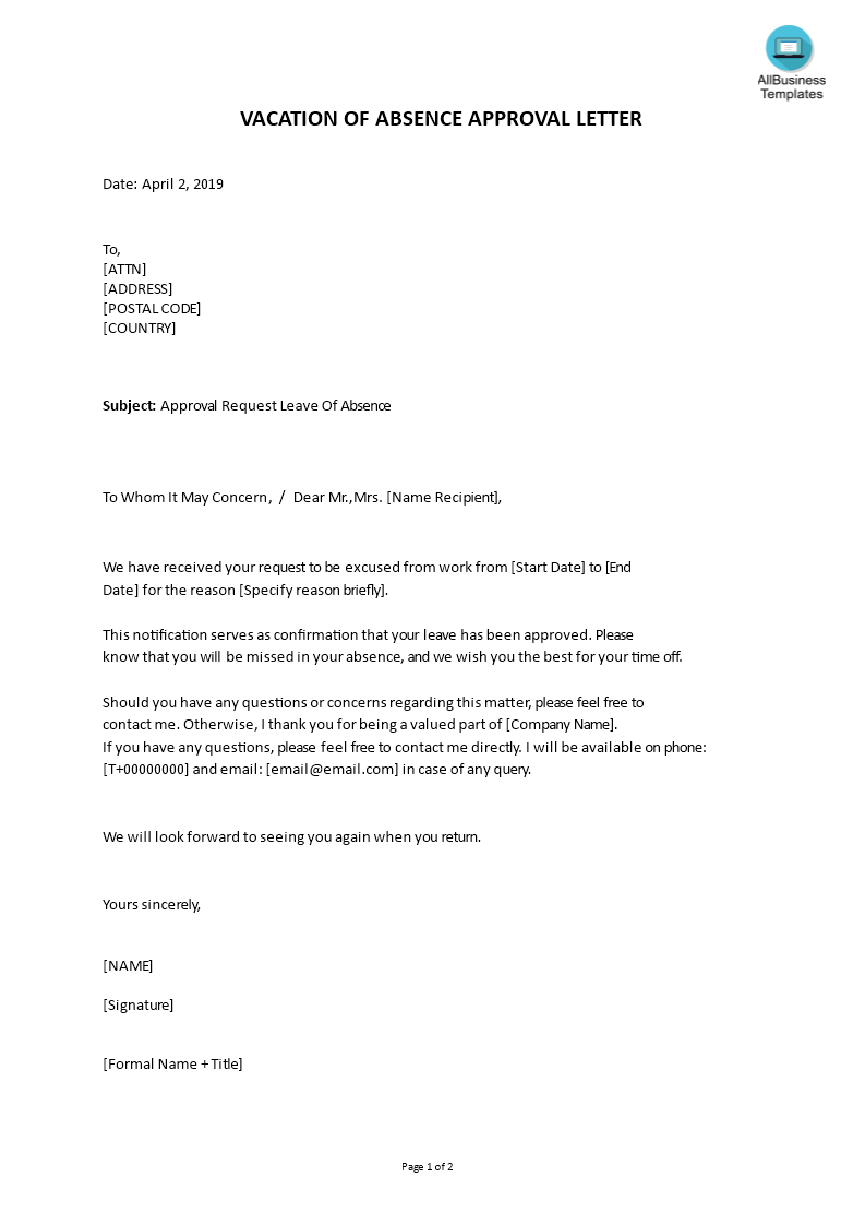 vacation of absence approval letter template