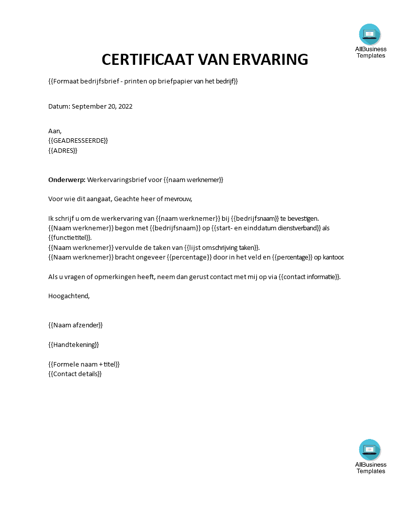 werkervaring certificaat van werkgever modèles