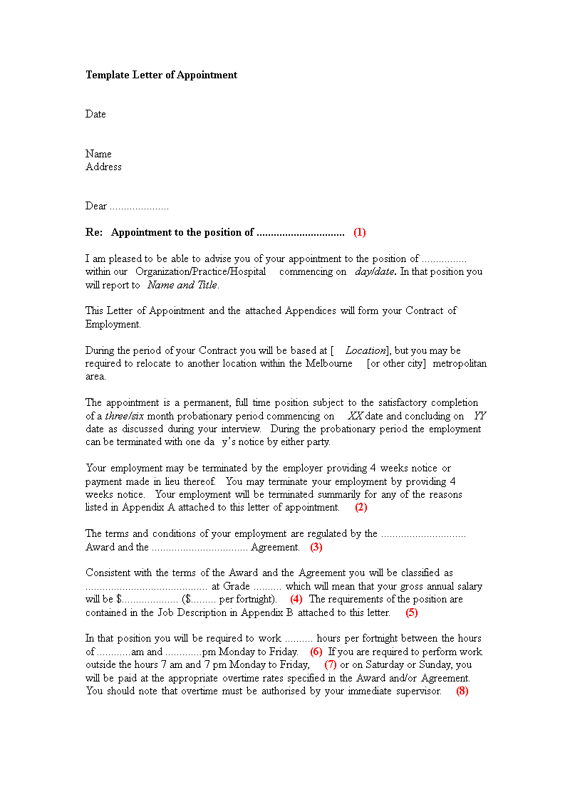 hr letter of appointment template