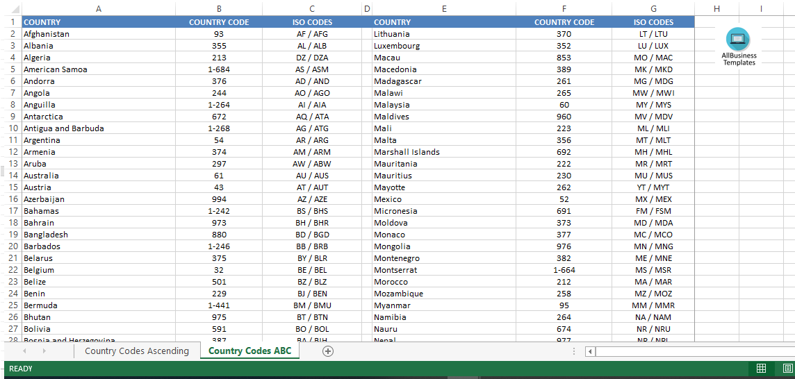 Kostenloses Country Dialing Codes