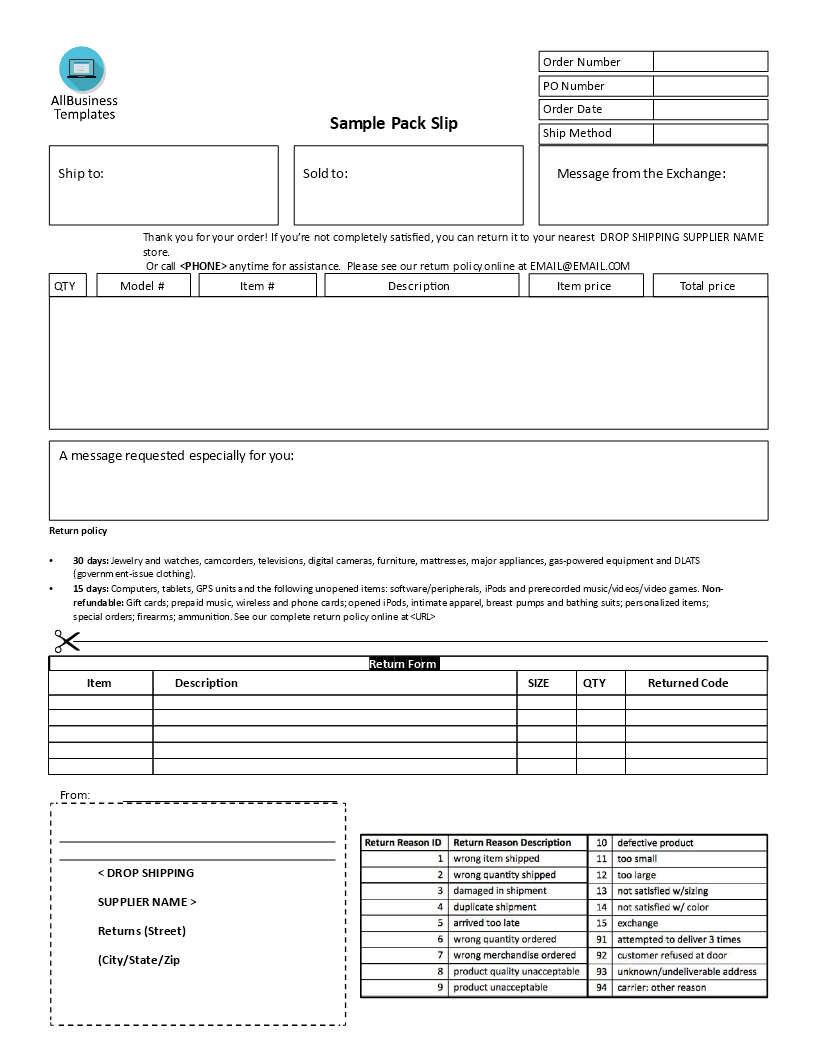 Drop Shipping Packing Slip template Templates at allbusinesstemplates com