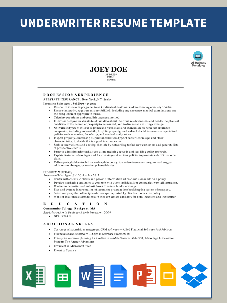 Kostenloses Insurance Underwriter Resume Example