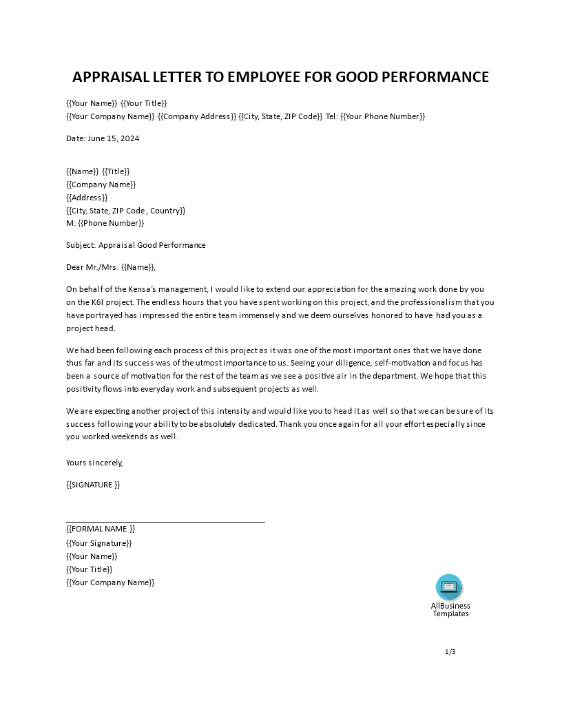 appraisal letter to employee for good performance template