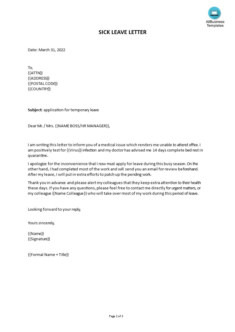 Sick Leave Application Letter | Templates at allbusinesstemplates.com