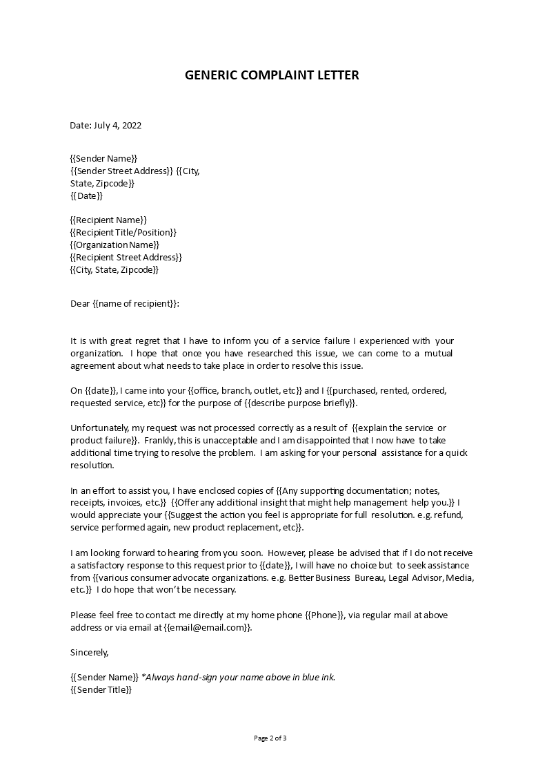 Accomodation Complaint Letter template | Templates at ...