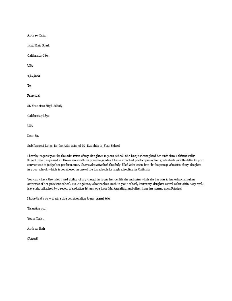 School Admission Request Letter Templates At Allbusinesstemplates