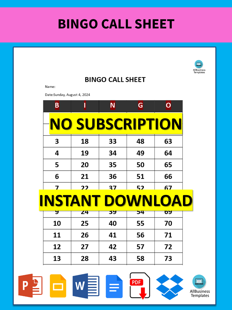 bingo call sheet Hauptschablonenbild