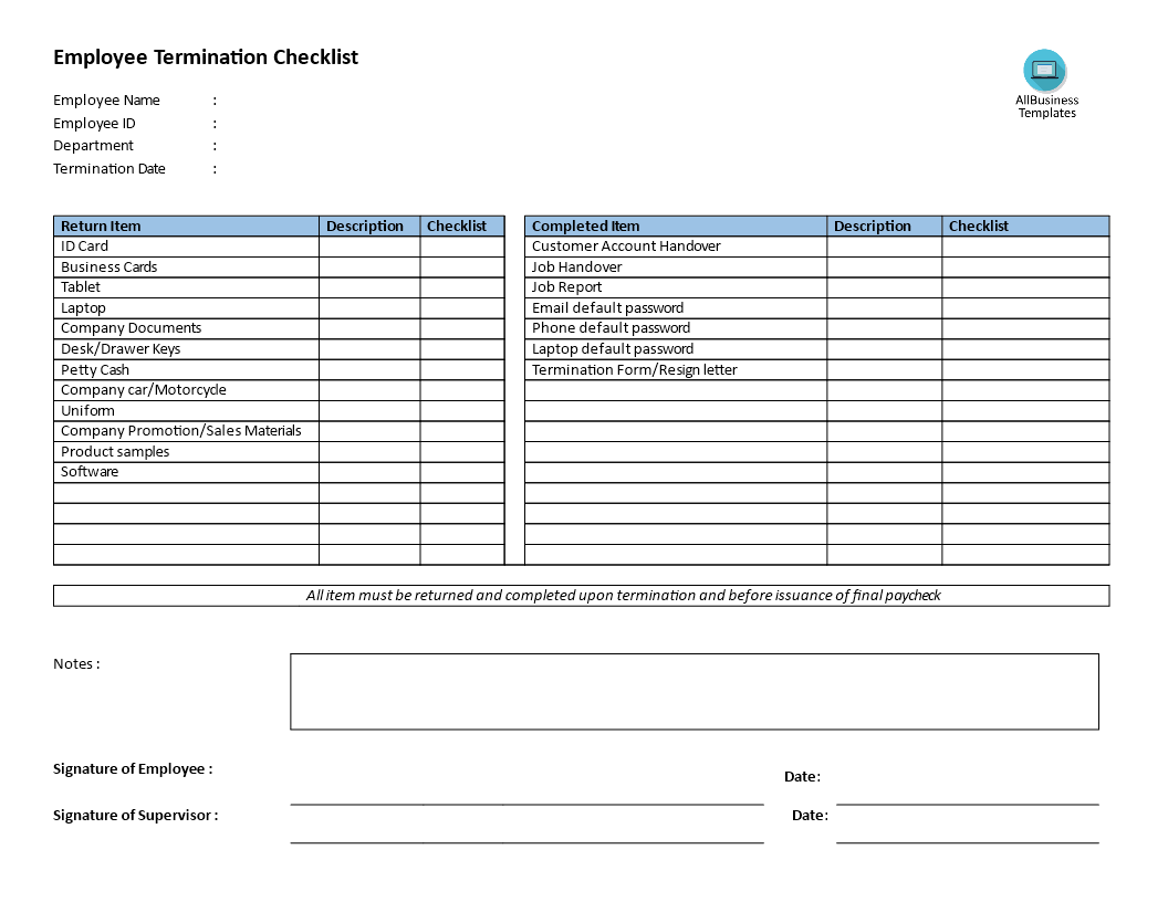 Employee Termination Checklist Templates At Allbusinesstemplates