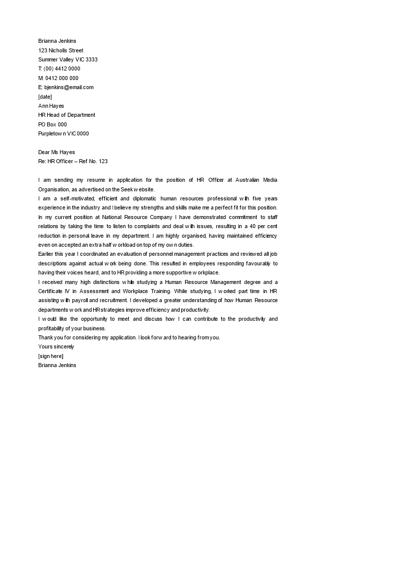 cover letter for human resources officer