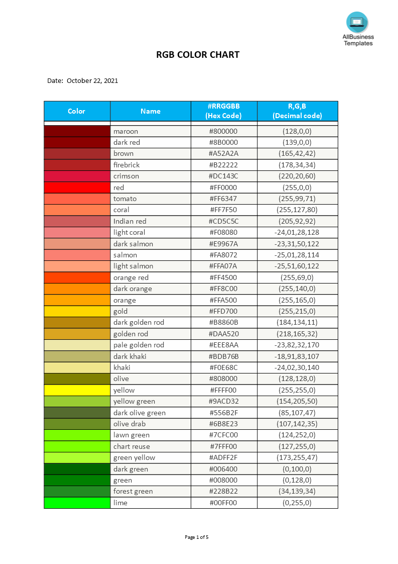 Gratis RGB Color Chart