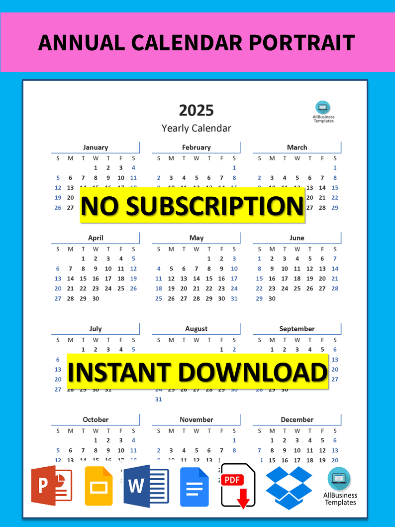 Annual Calendar Portrait in Excel main image