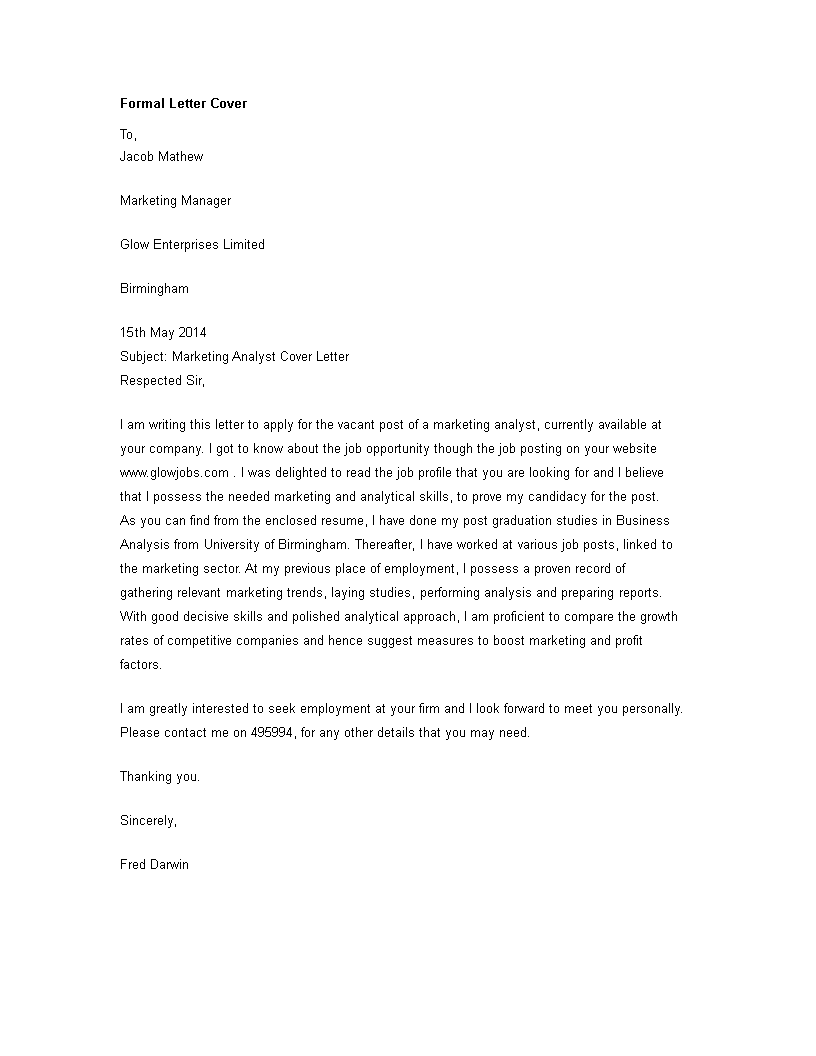 formal letter for cover letter