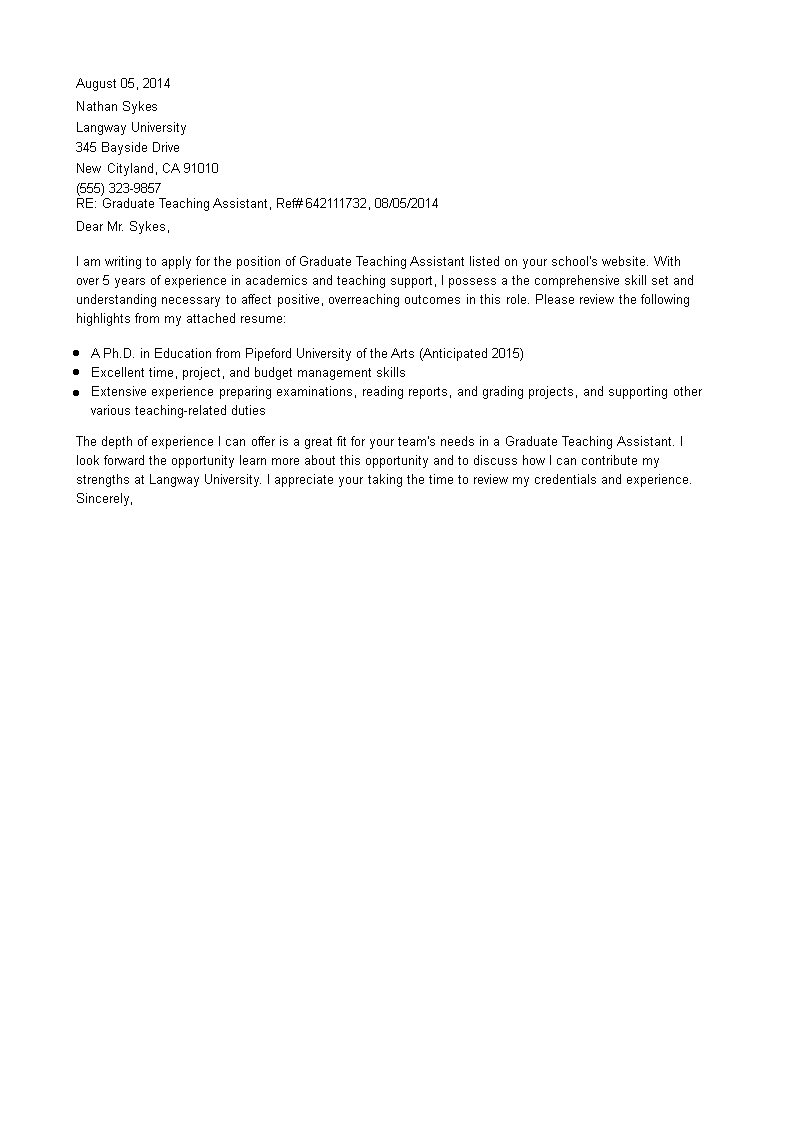sample of an application letter of a teaching job