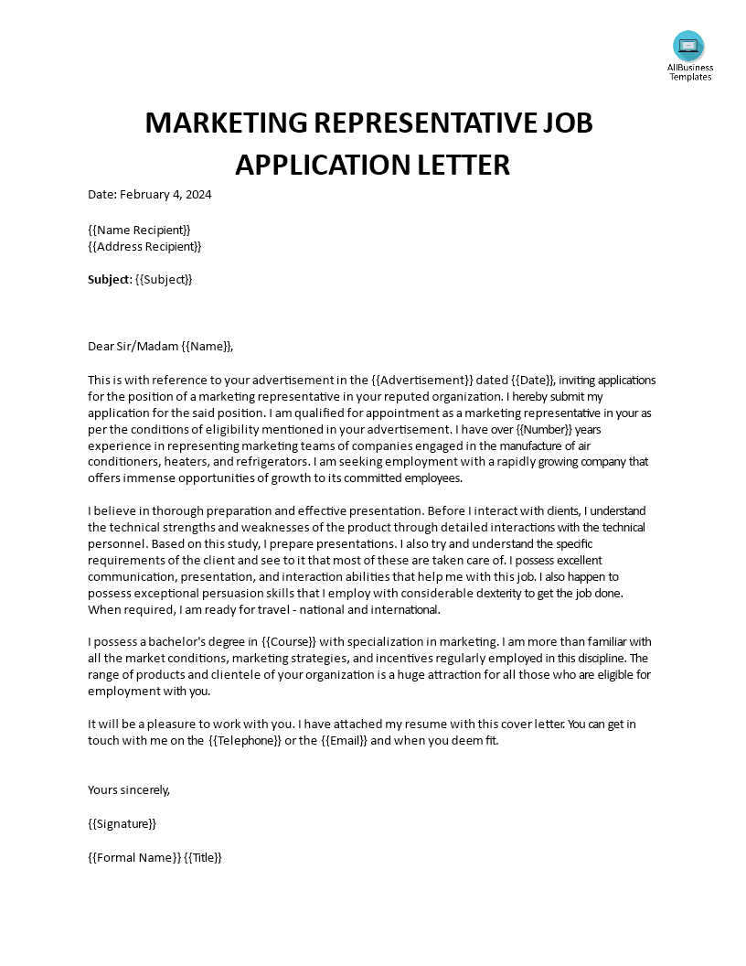 application letter of a marketing representative