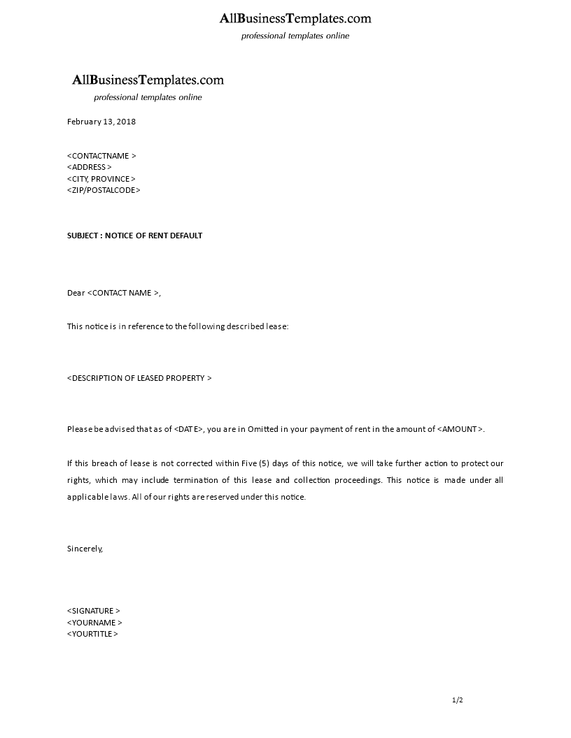 notice of default letter template