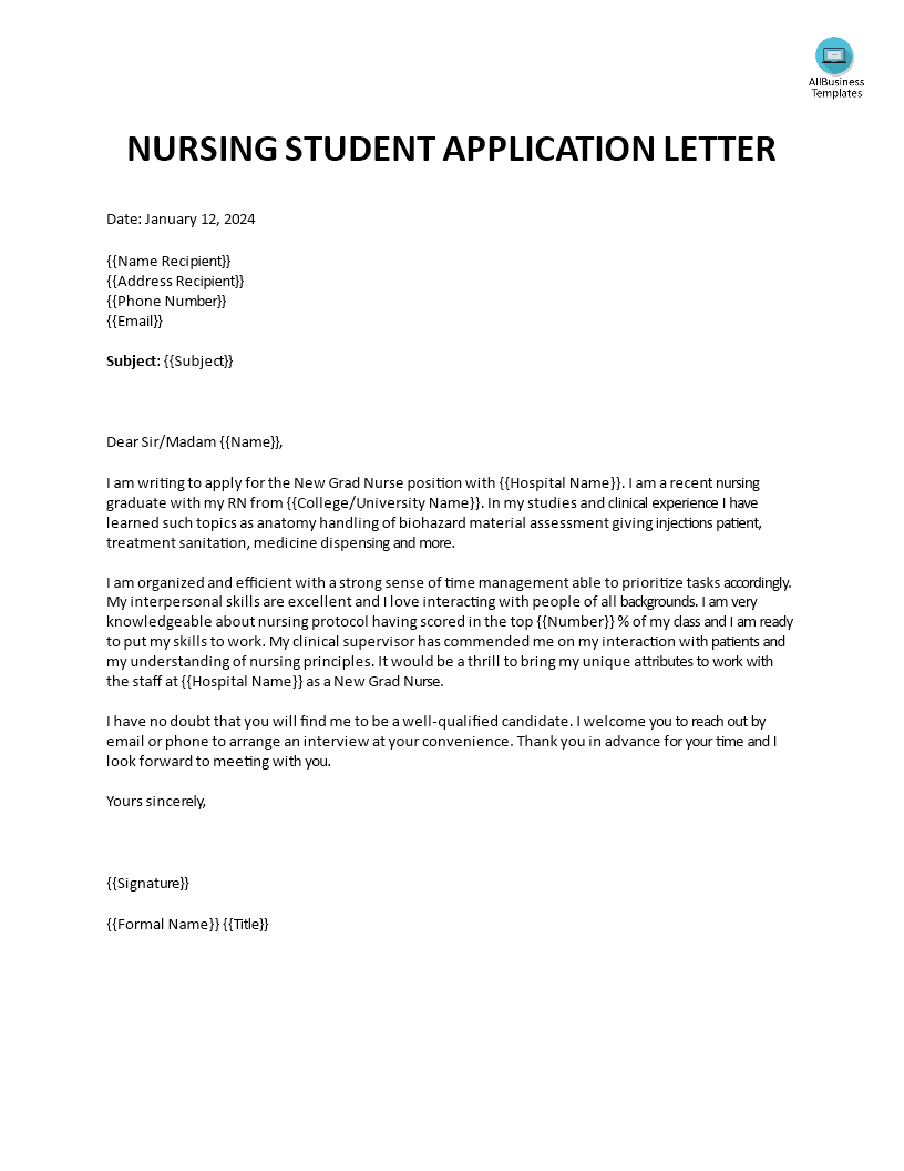 application letter sample for nursing school