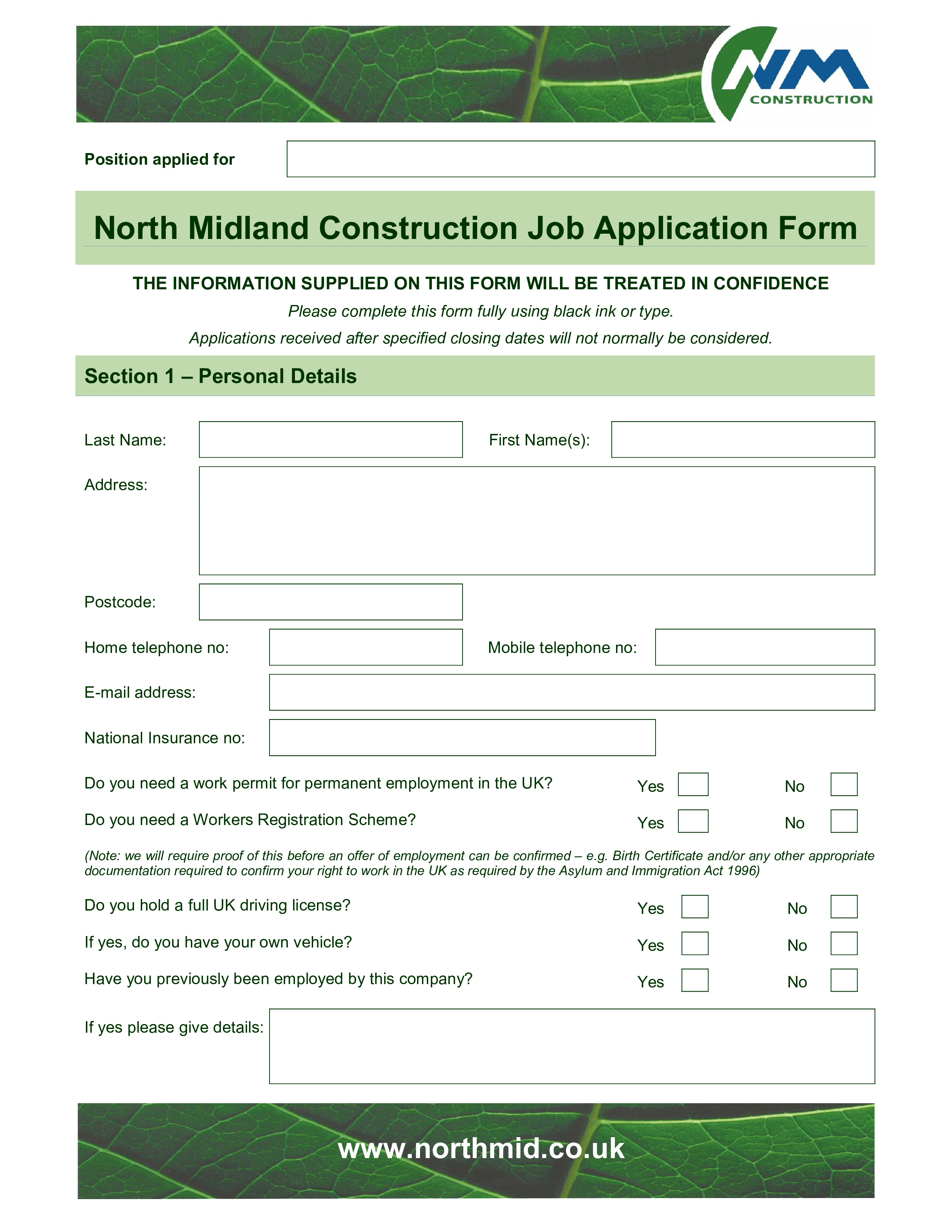 job application letter for construction company
