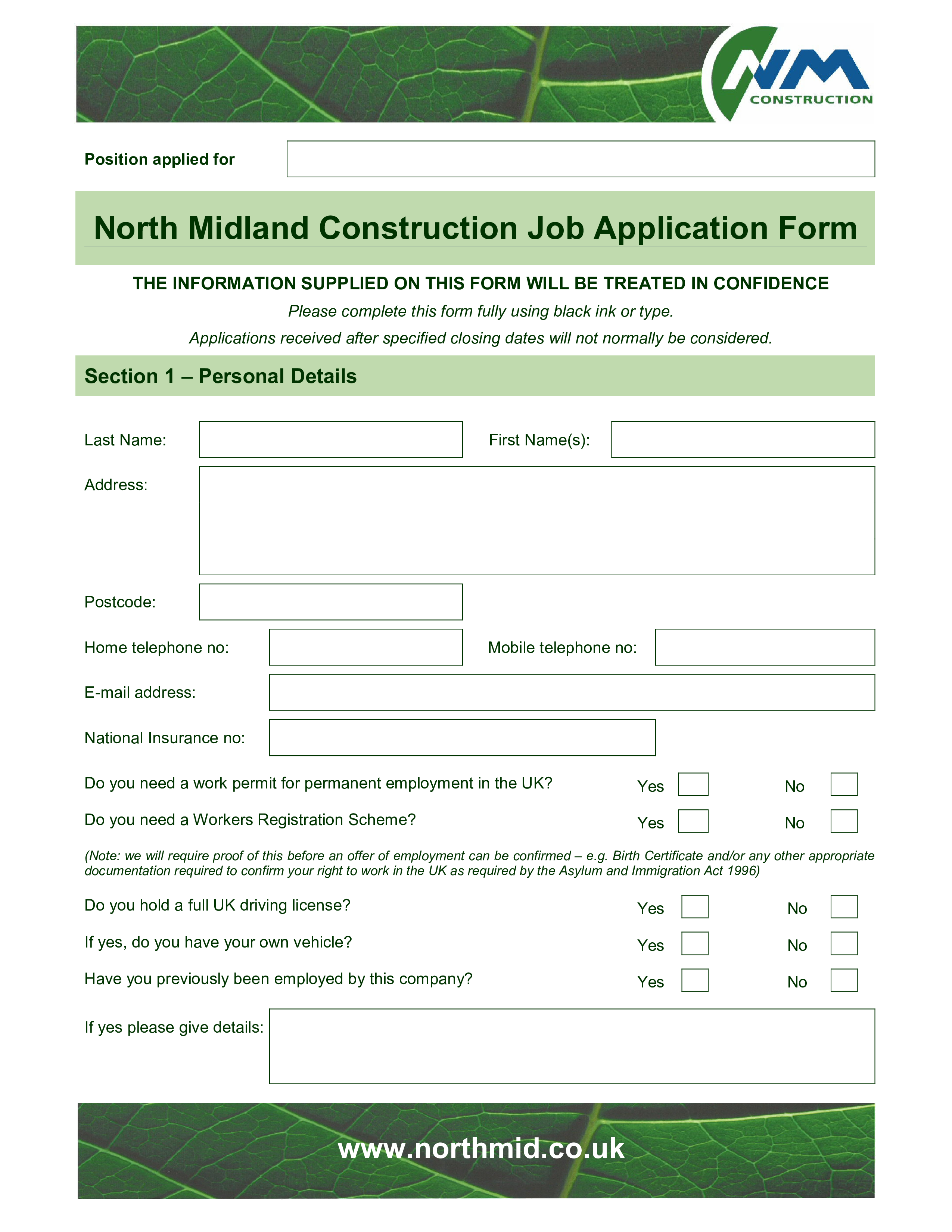 Printable Construction Job Application Template Printable Templates