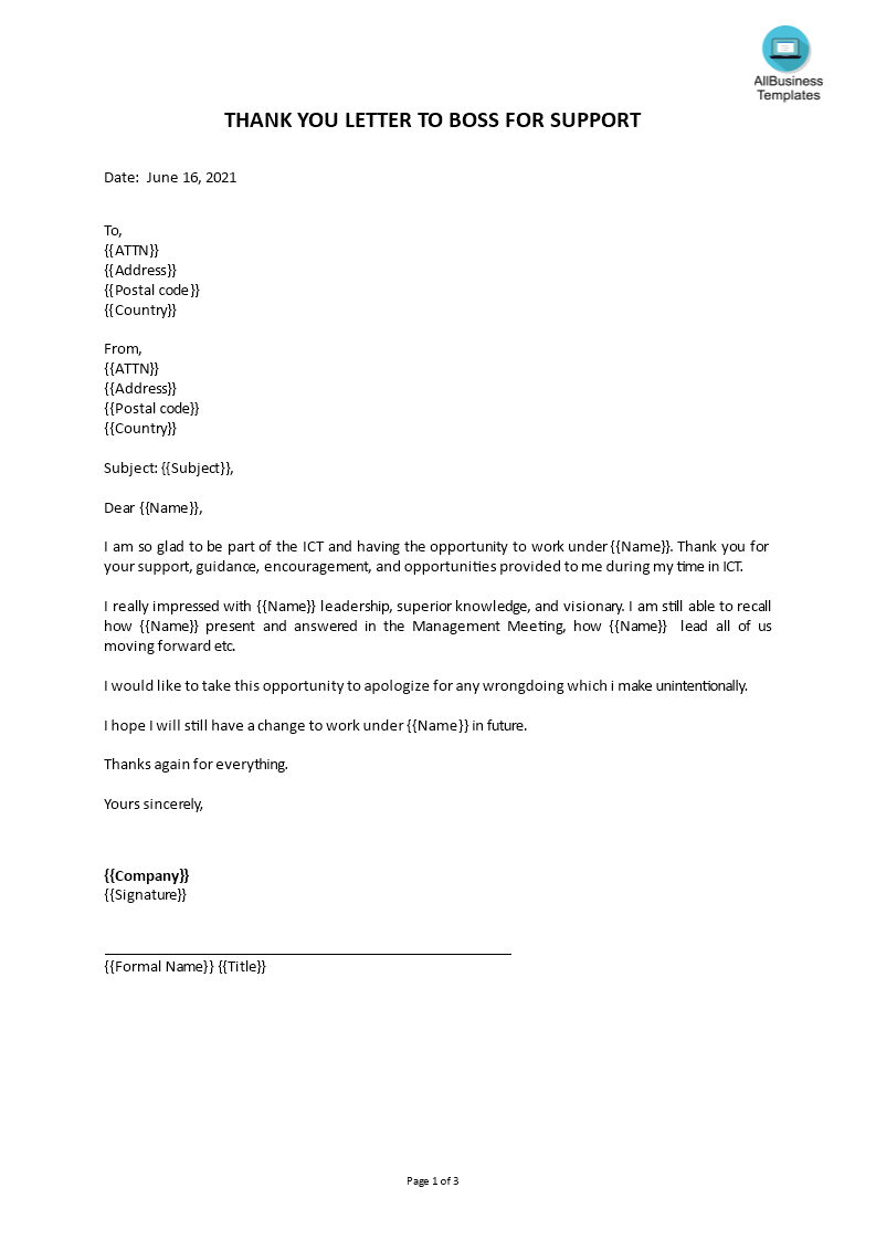 Thank You Letter To Boss For Support | Templates at ...