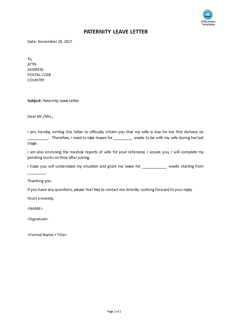 Paternity Leave Letter Templates at