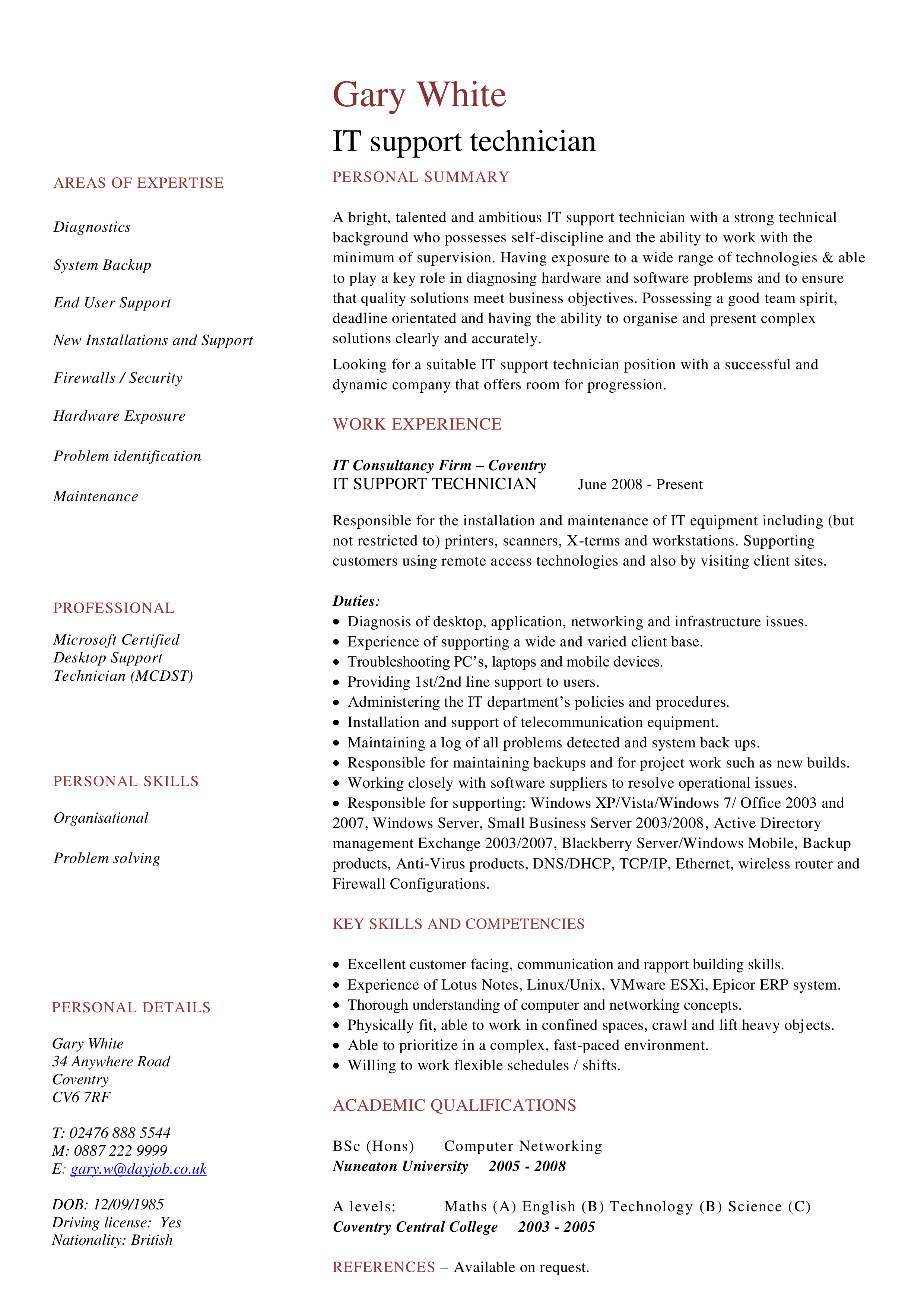 sample resume for service technician