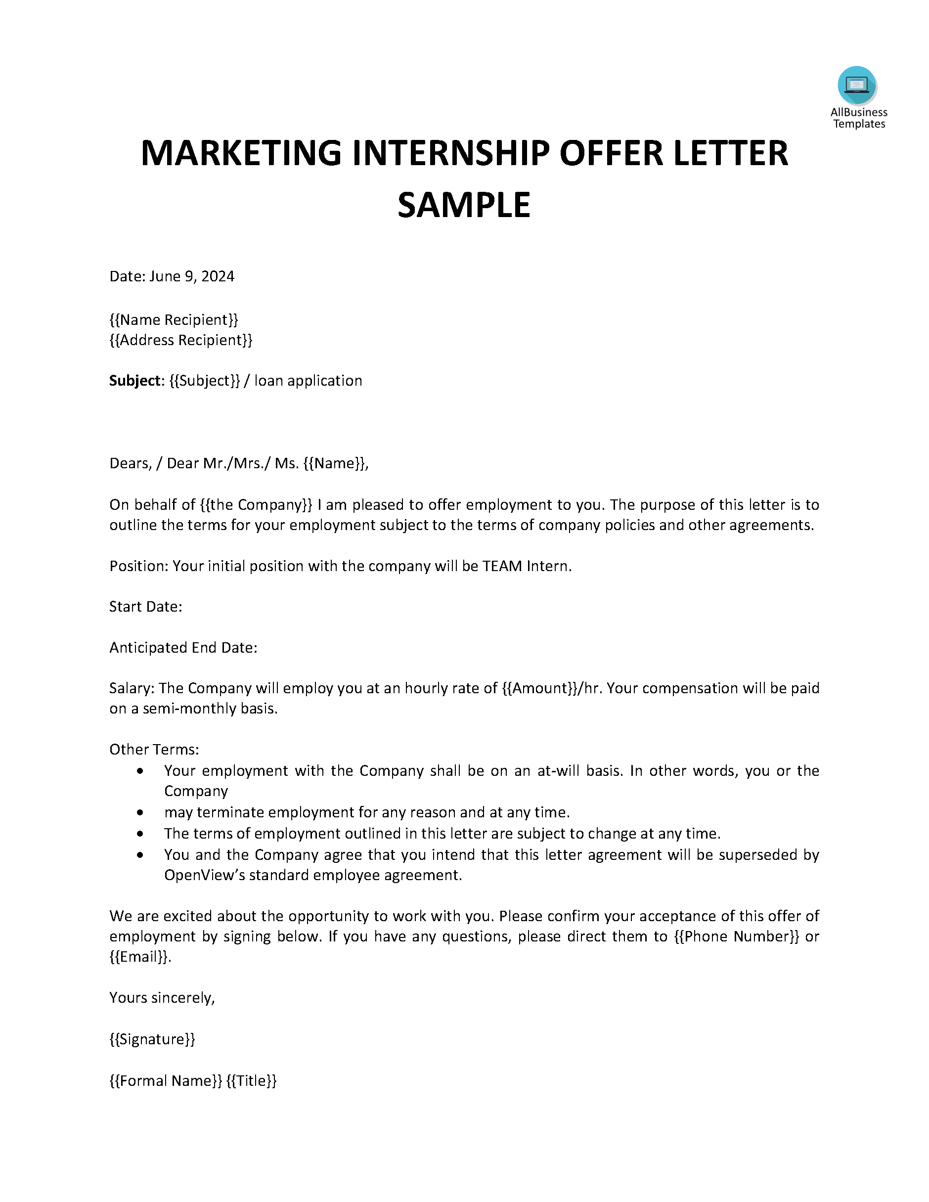 Sample Marketing Internship Offer Letter 模板