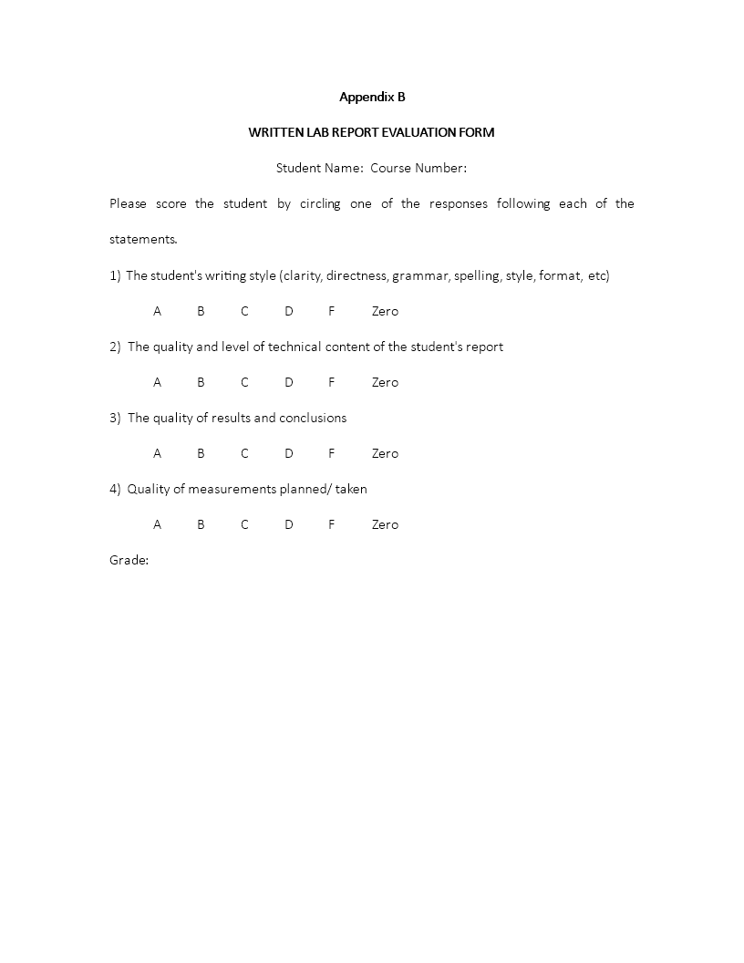 lab report evaluation template