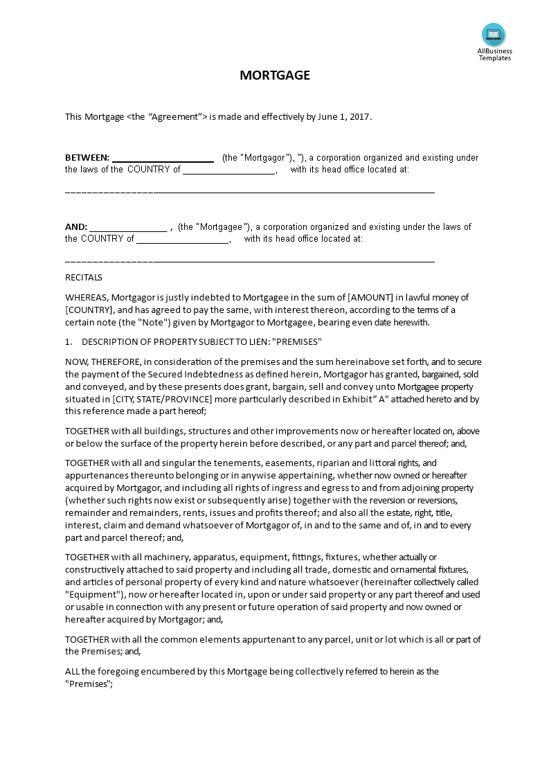 Mortgage of Property Agreement template 模板