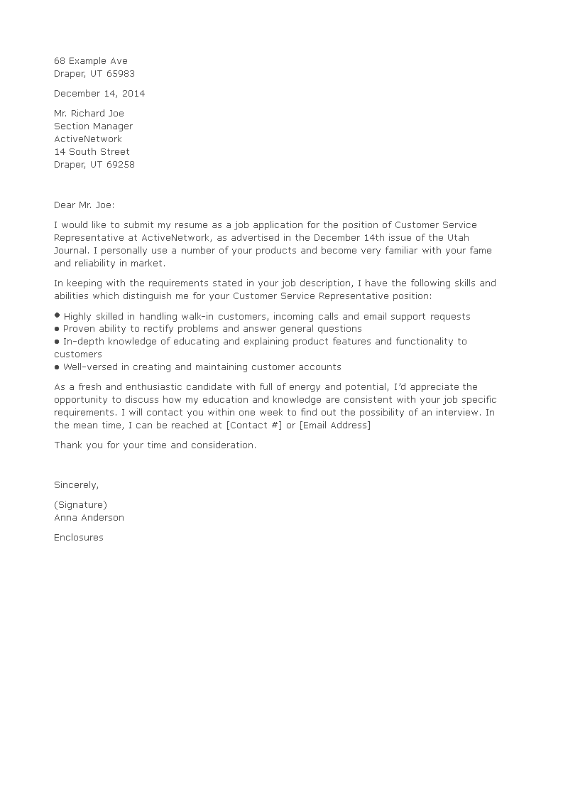 sample of a cover letter for customer service representative