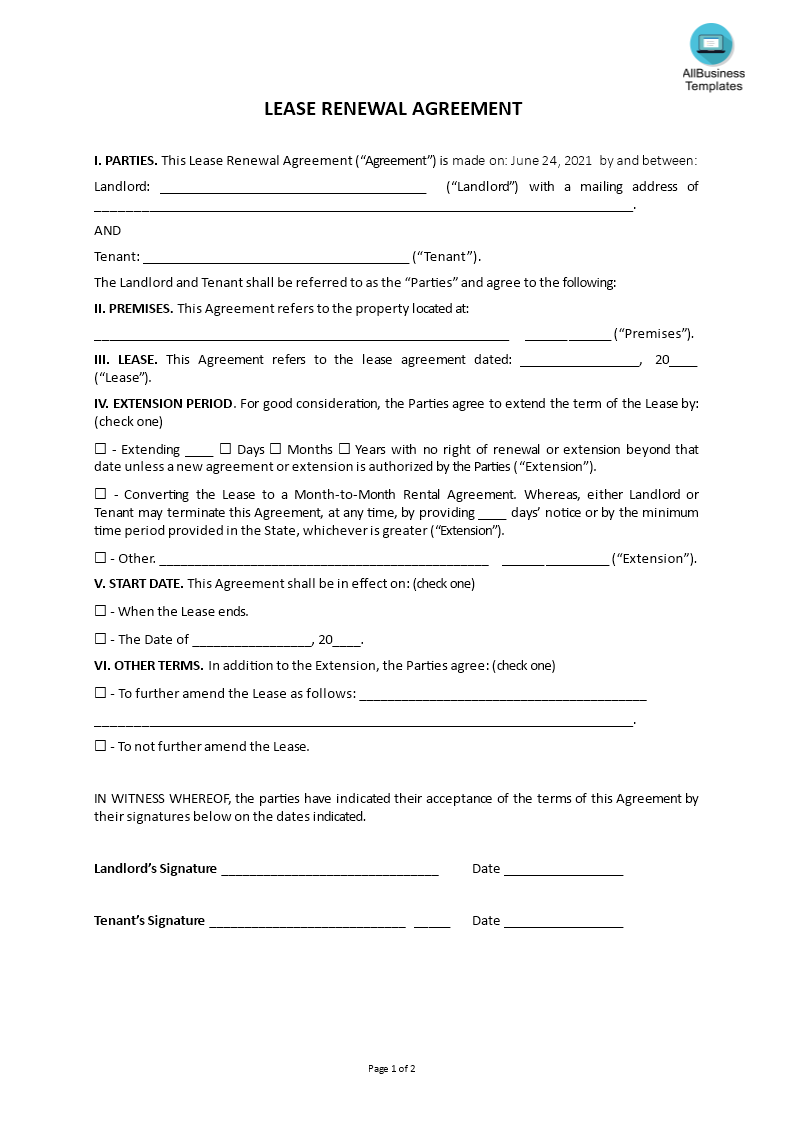 Renewal Of Tenancy Agreement Template