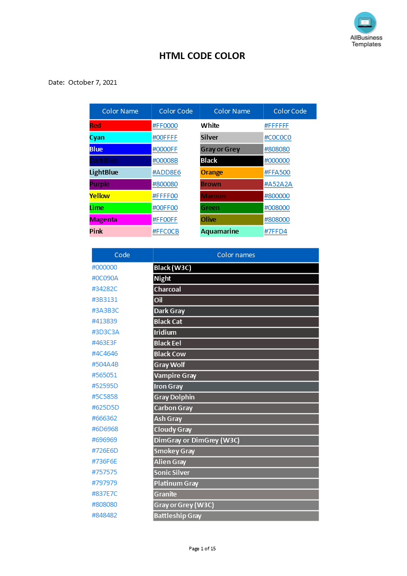  HTML Code Color Allbusinesstemplates