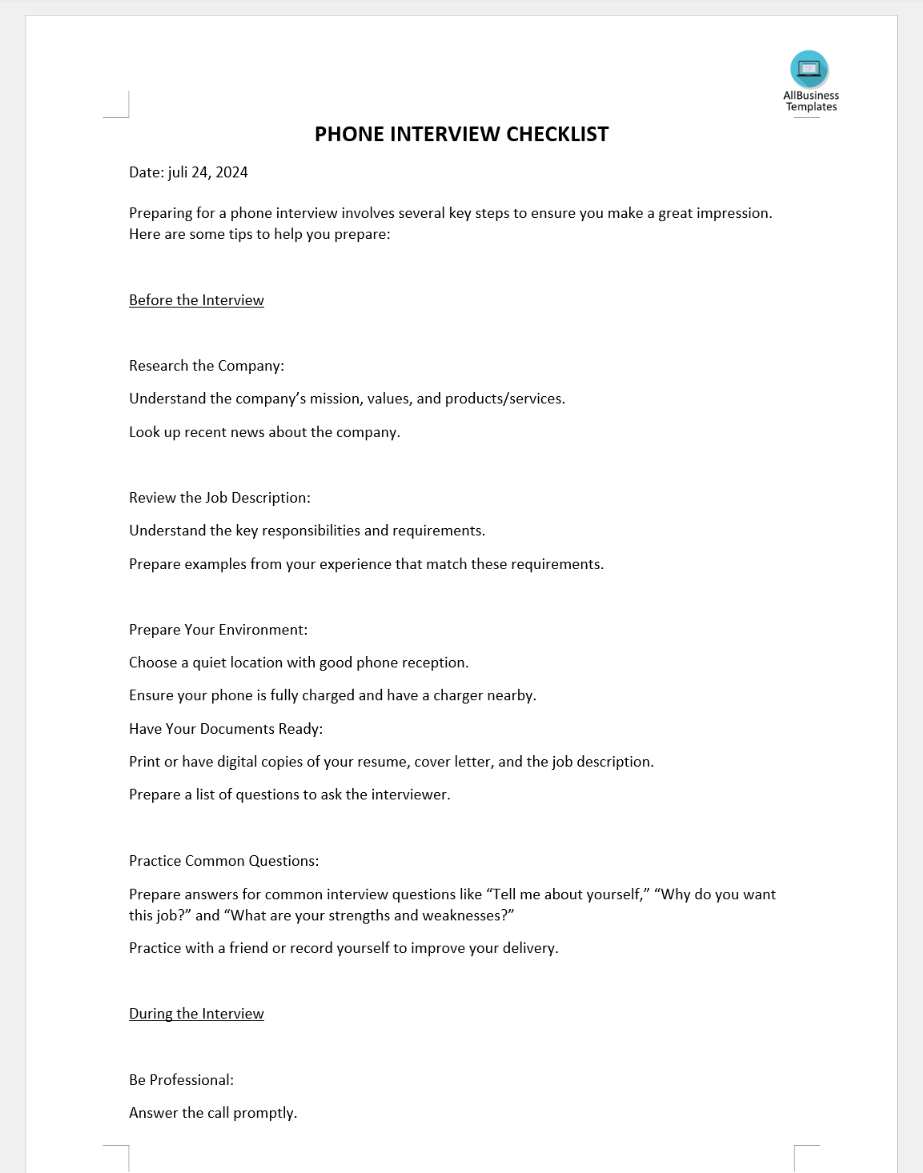 phone interview checklist template