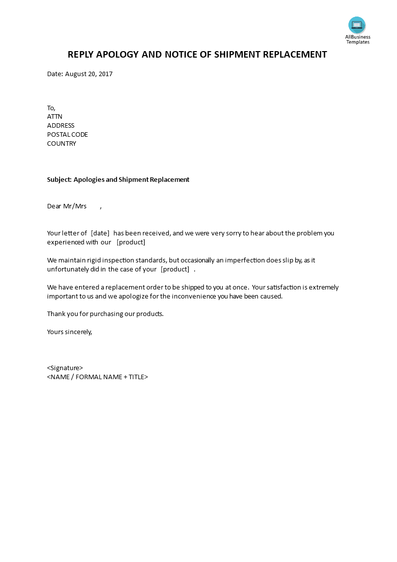 reply apology and notice of shipment replacement voorbeeld afbeelding 