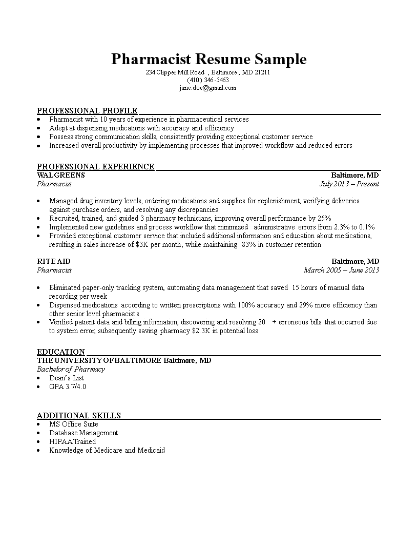 Pharmacist Resume Sample Templates At Allbusinesstemplates