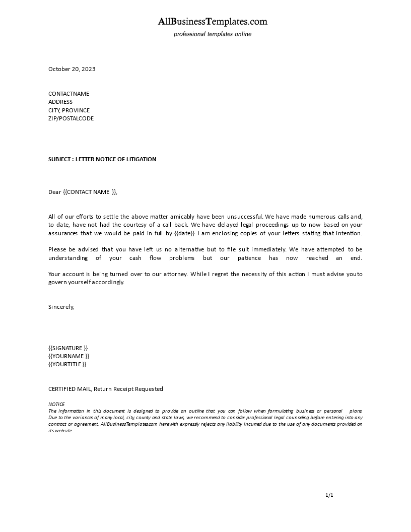 Formal Notice Of Litigation Letter 