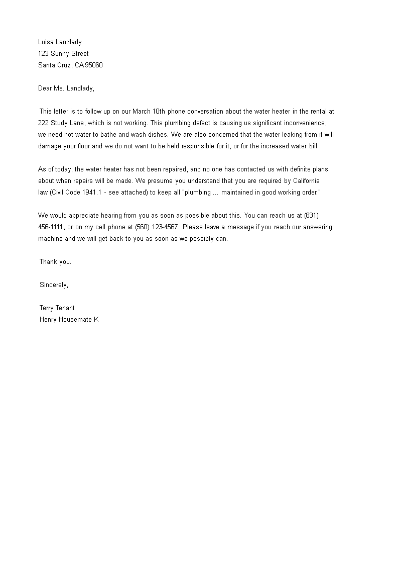 Repair Complaint Letter To Landlord Templates at