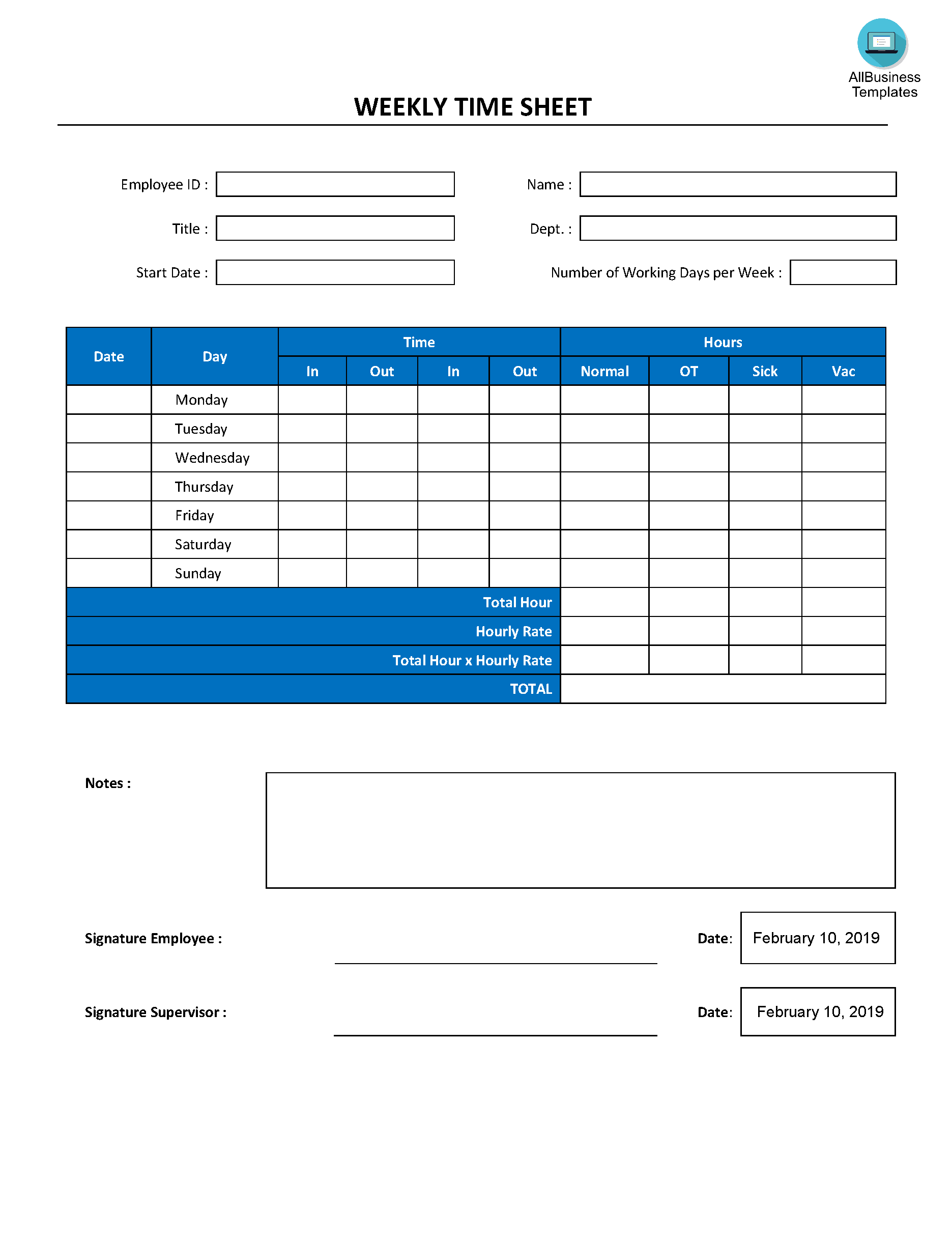 weekly time sheet registration form Hauptschablonenbild