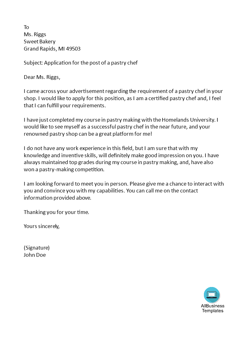 application letter for chef experience